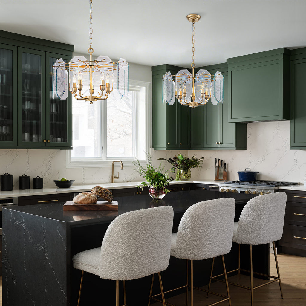 5-Light Modern Chandelier Etched Octagonal Glass Panels Gold Finish - product image 4 | Zenvolit