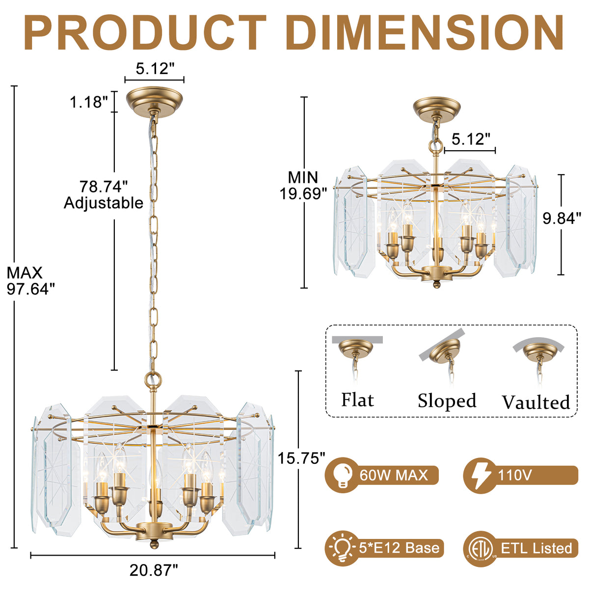5-Light Modern Chandelier Etched Octagonal Glass Panels Gold Finish - product image 7 | Zenvolit