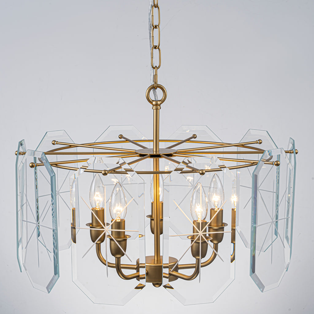 5-Light Modern Chandelier Etched Octagonal Glass Panels Gold Finish - product image 9 | Zenvolit