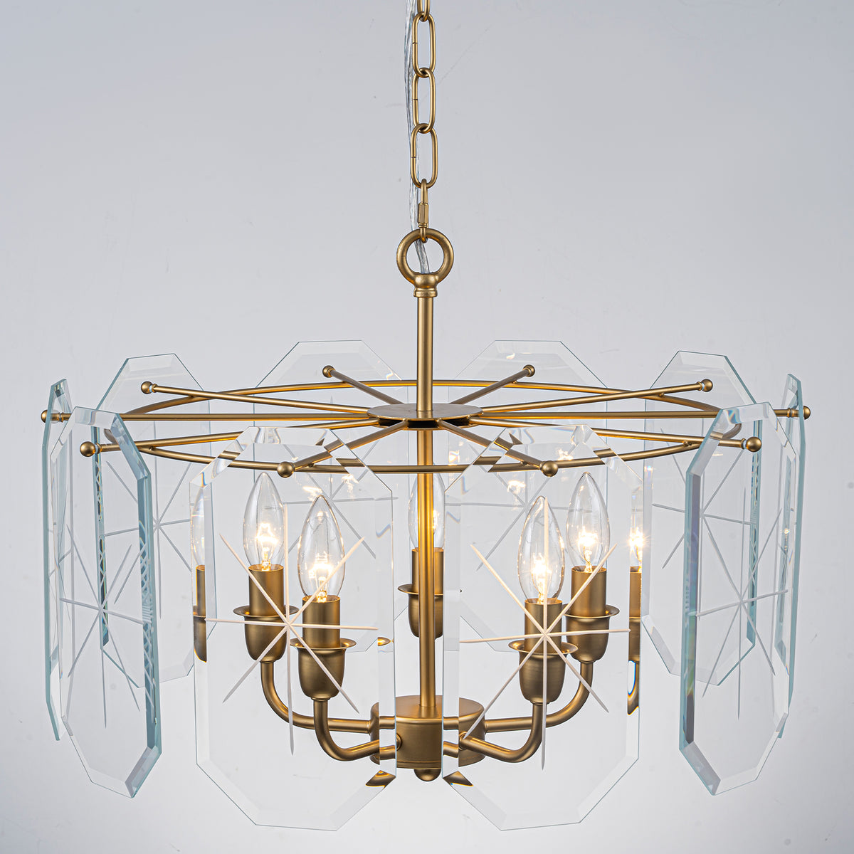 5-Light Modern Chandelier Etched Octagonal Glass Panels Gold Finish - product image 9 | Zenvolit