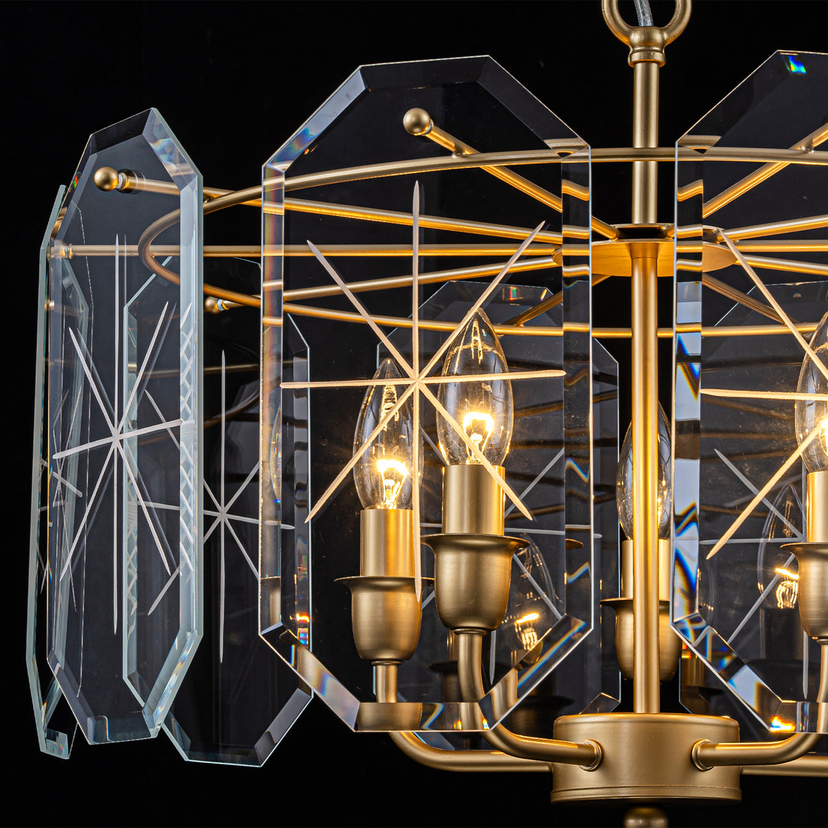 5-Light Modern Chandelier Etched Octagonal Glass Panels Gold Finish - product image 10 | Zenvolit