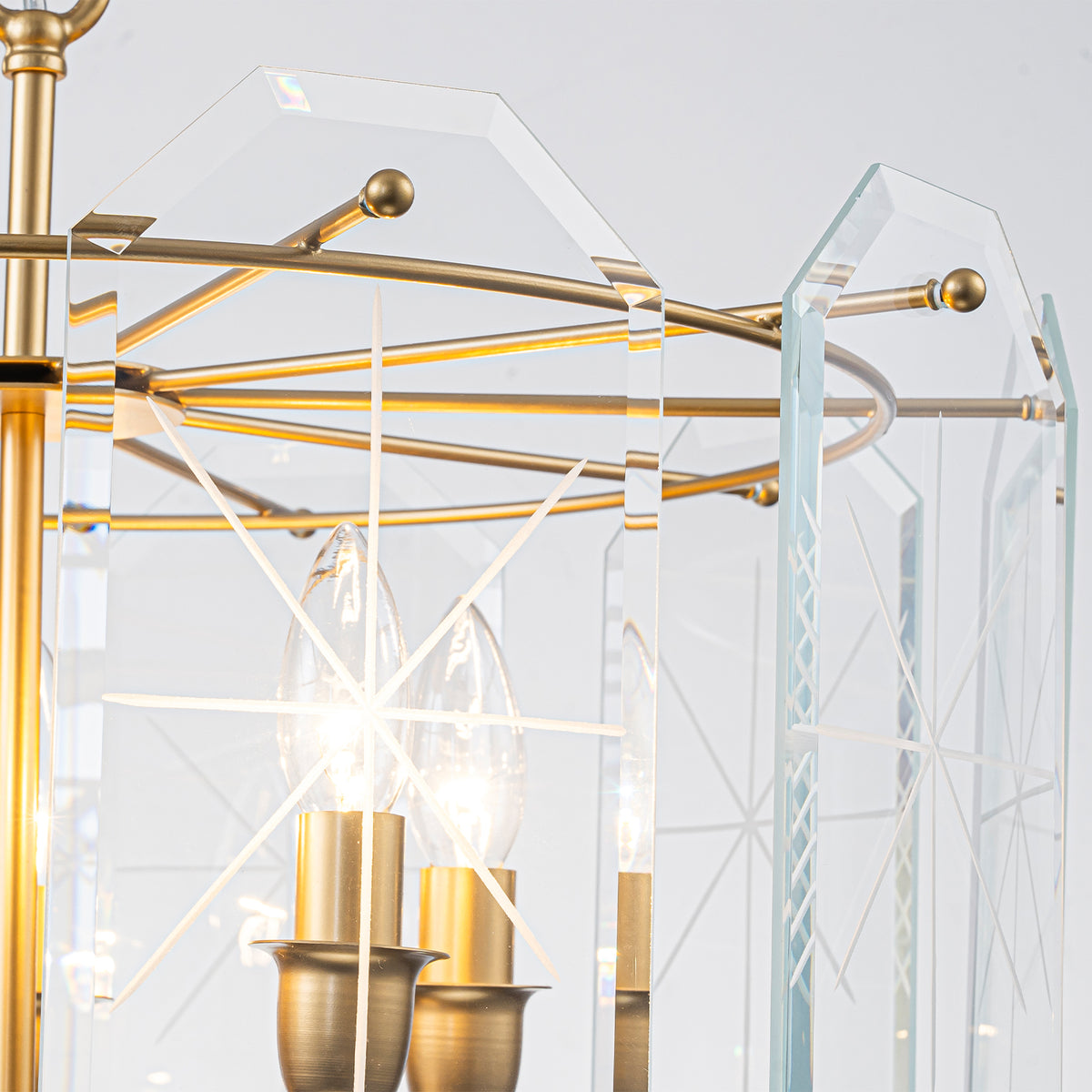 5-Light Modern Chandelier Etched Octagonal Glass Panels Gold Finish - product image 11 | Zenvolit