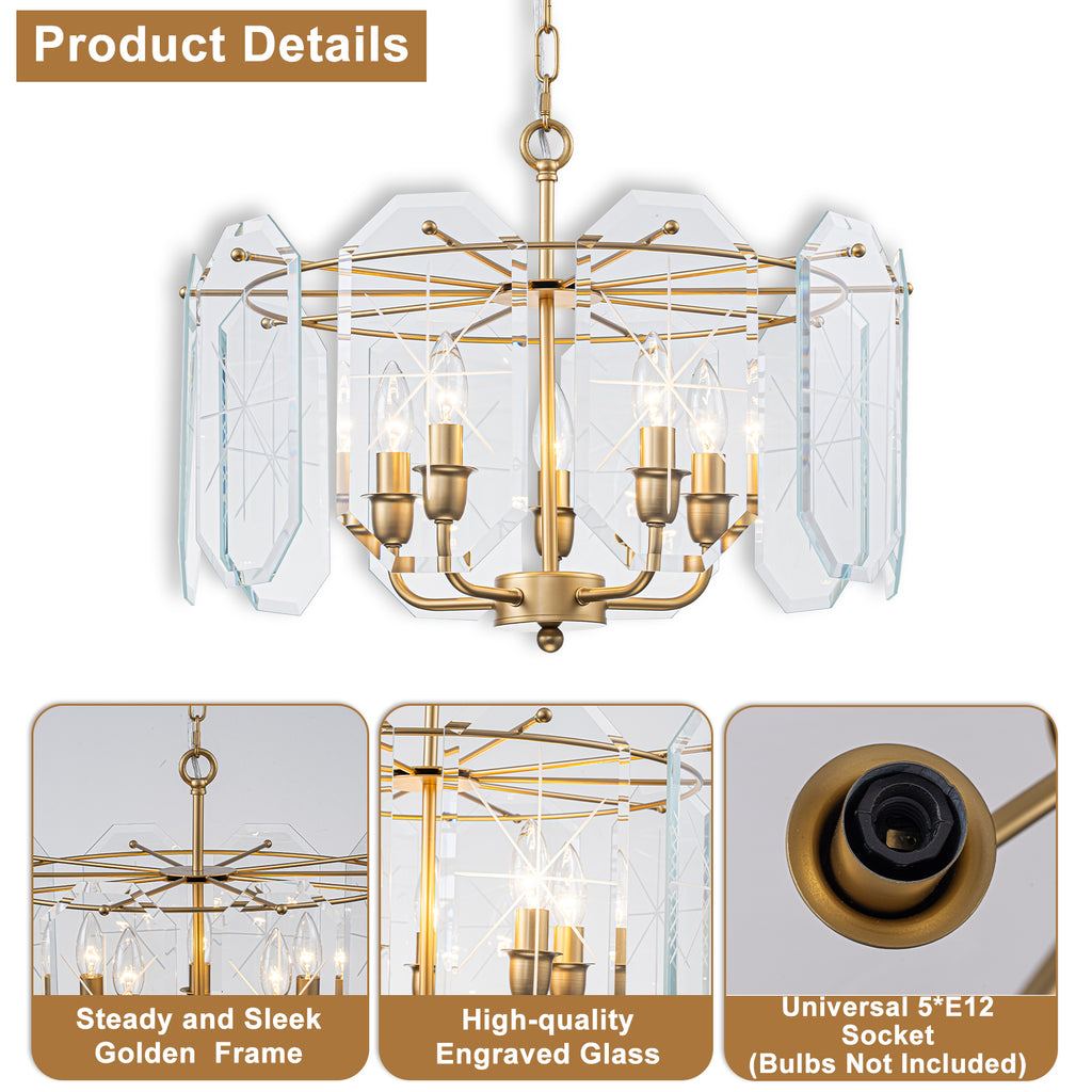 5-Light Modern Chandelier Etched Octagonal Glass Panels Gold Finish - product image 13 | Zenvolit