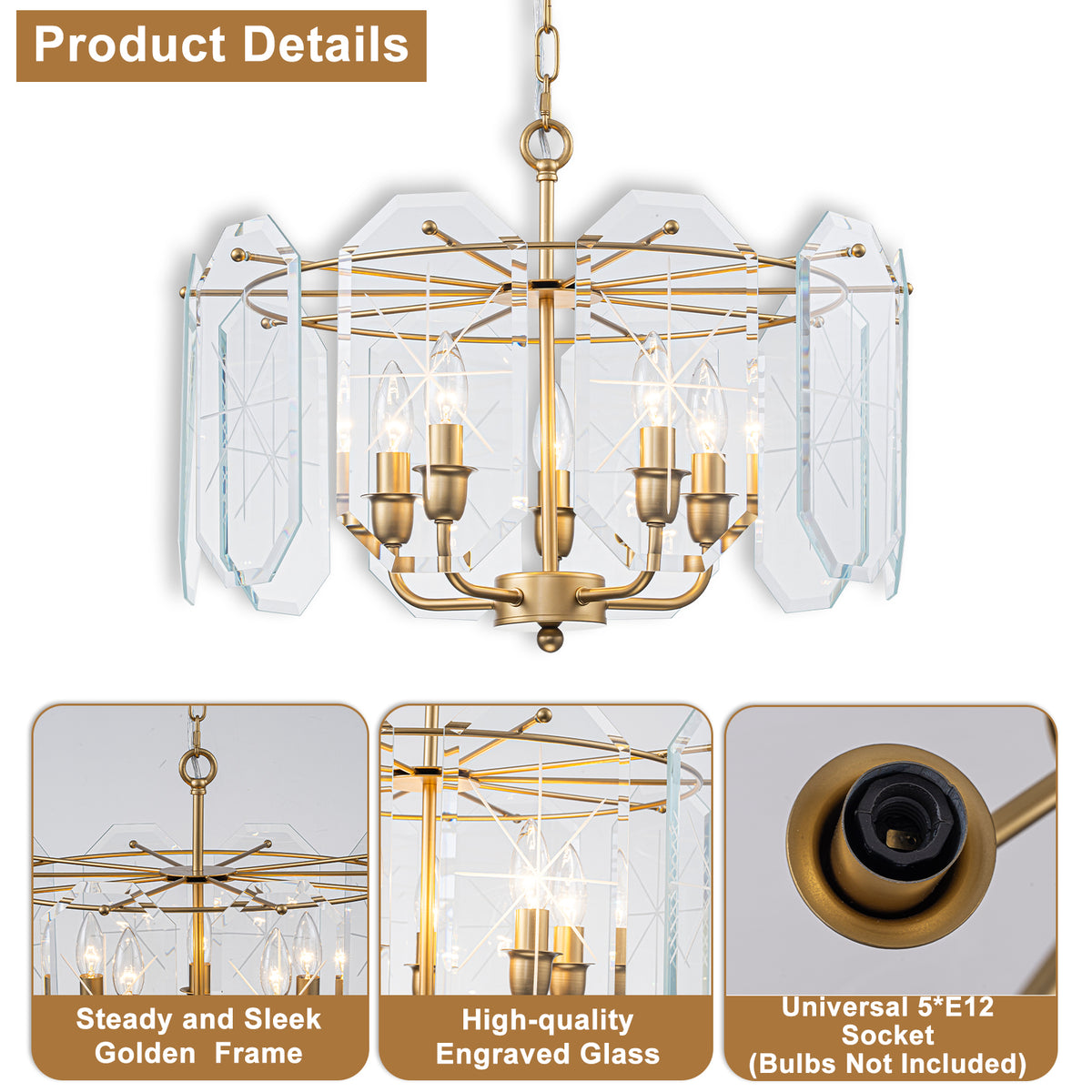 5-Light Modern Chandelier Etched Octagonal Glass Panels Gold Finish - product image 13 | Zenvolit