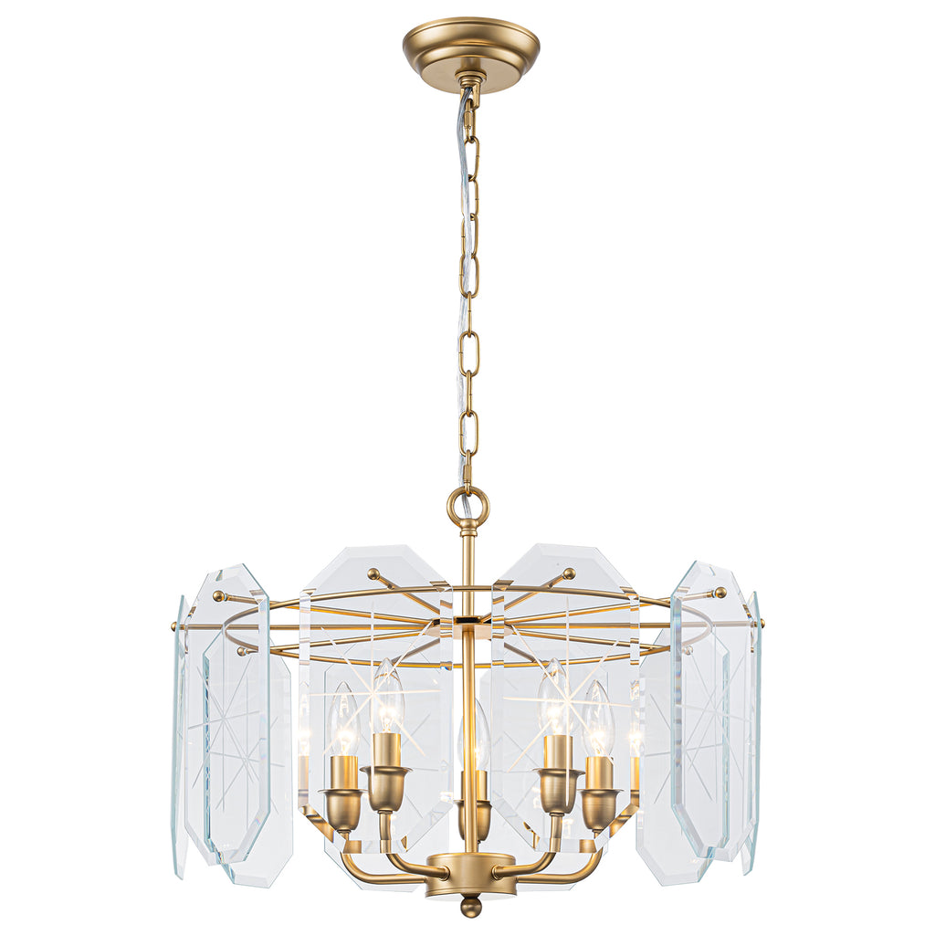 5-Light Modern Chandelier Etched Octagonal Glass Panels Gold Finish - product image 14 | Zenvolit