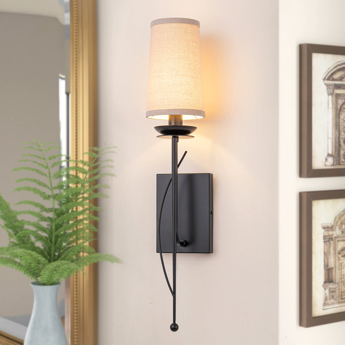 1-Light Matte Black Metal Wall Sconce Cone-Shaped Beige Linen Shade - product image 1 | Zenvolit
