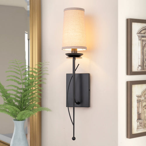 1-Light Matte Black Metal Wall Sconce Cone-Shaped Beige Linen Shade - product image 1 | Zenvolit