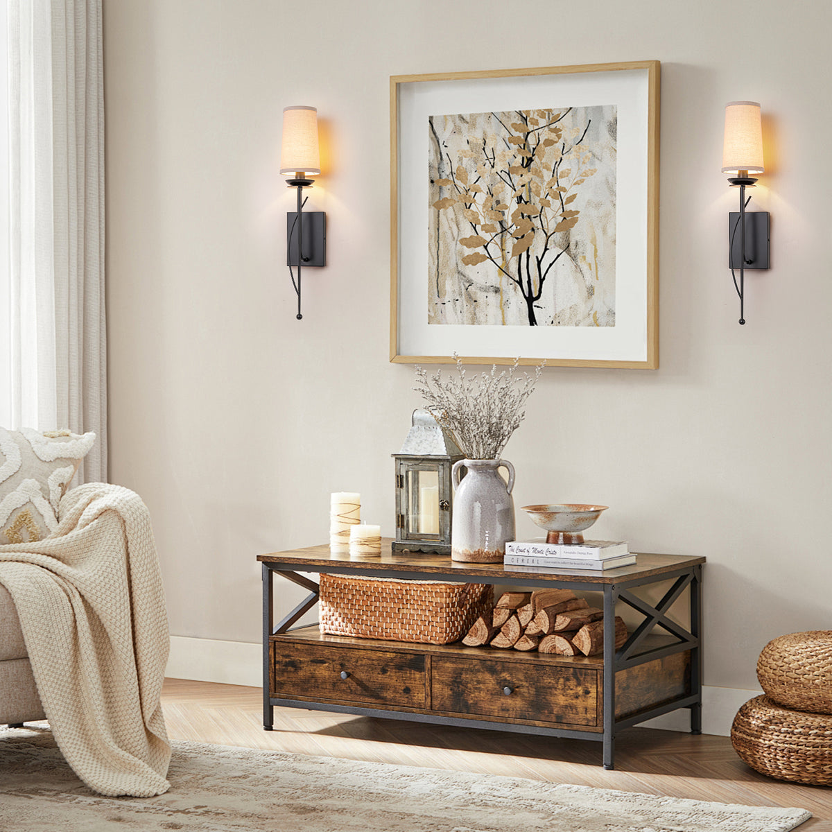 1-Light Matte Black Metal Wall Sconce Cone-Shaped Beige Linen Shade - product image 2 | Zenvolit
