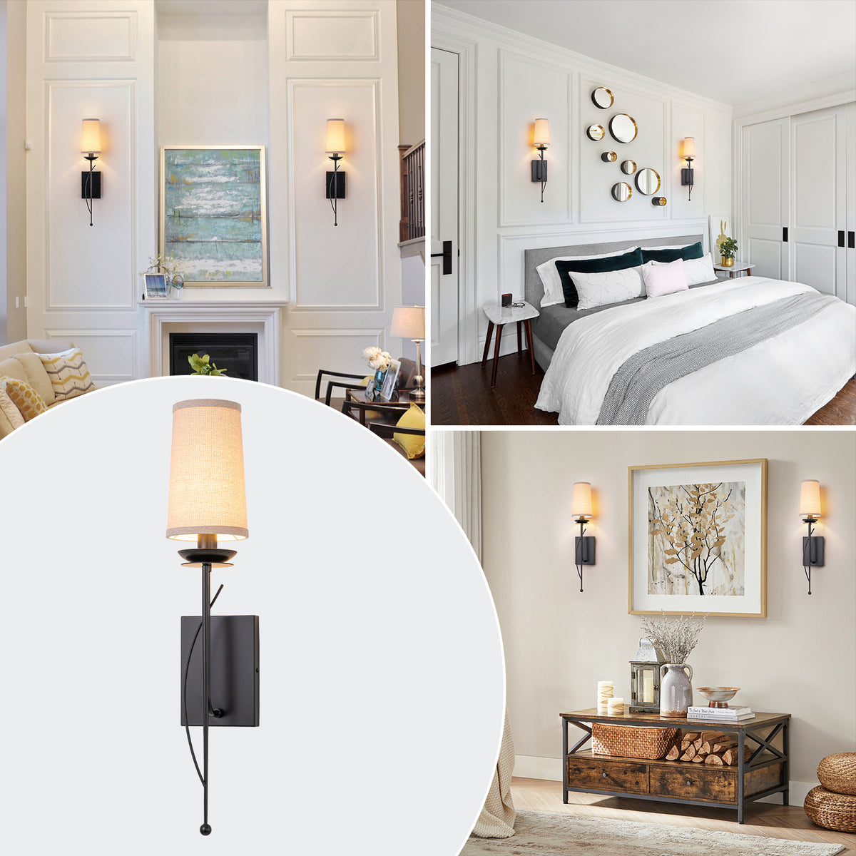 1-Light Matte Black Metal Wall Sconce Cone-Shaped Beige Linen Shade - product image 6 | Zenvolit