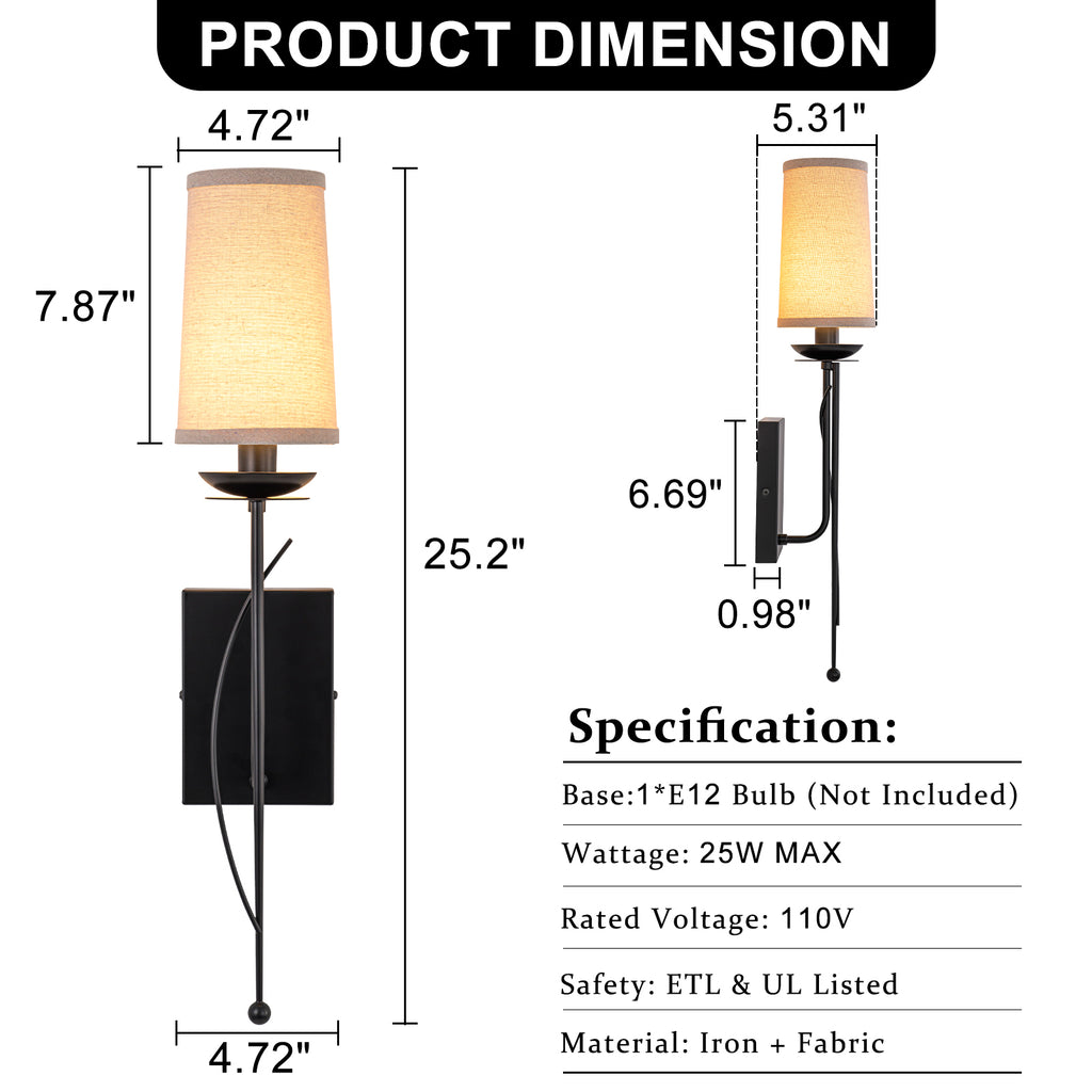 1-Light Matte Black Metal Wall Sconce Cone-Shaped Beige Linen Shade - product image 7 | Zenvolit