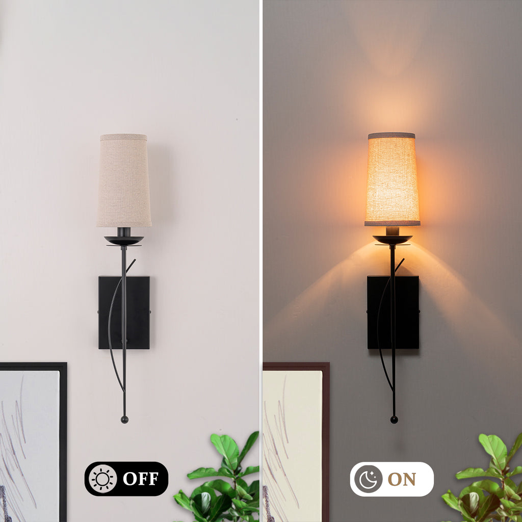 1-Light Matte Black Metal Wall Sconce Cone-Shaped Beige Linen Shade - product image 8 | Zenvolit