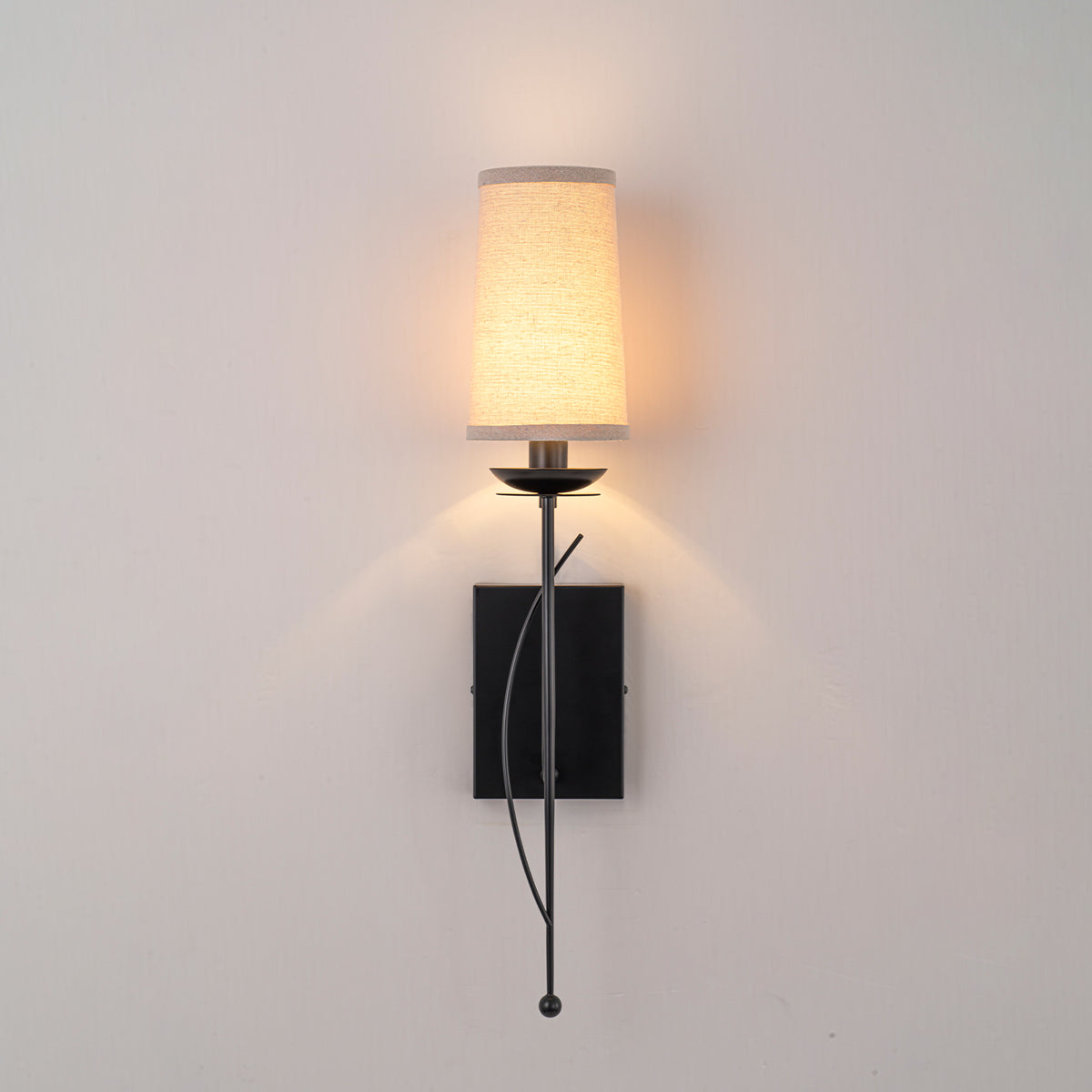 1-Light Matte Black Metal Wall Sconce Cone-Shaped Beige Linen Shade - product image 9 | Zenvolit