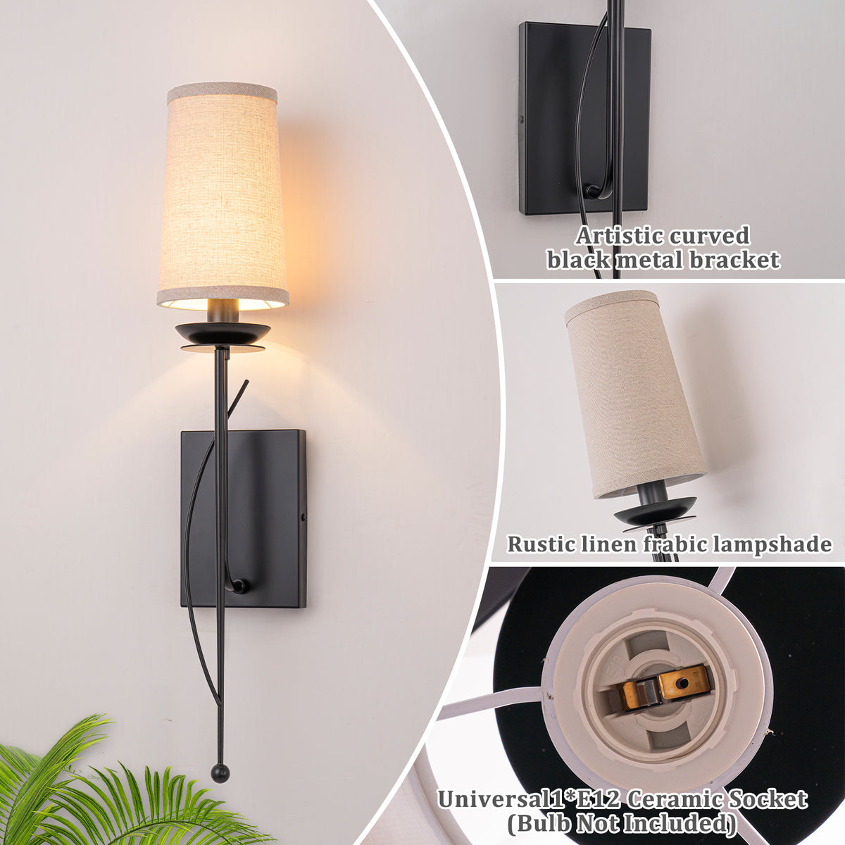 1-Light Matte Black Metal Wall Sconce Cone-Shaped Beige Linen Shade - product image 14 | Zenvolit