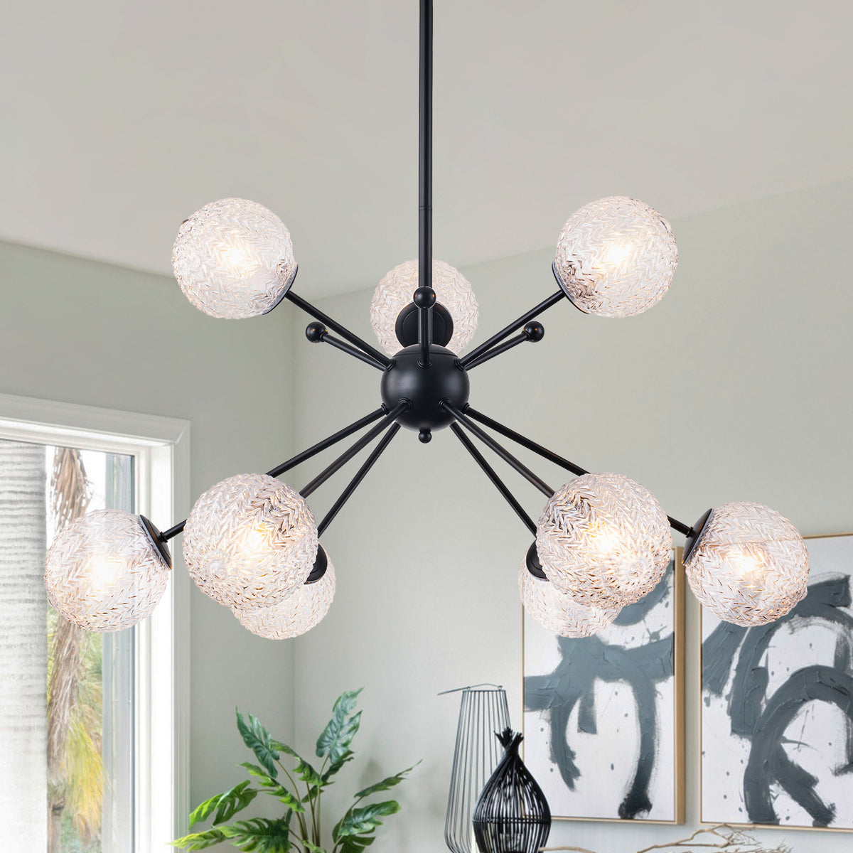 31.5" 9-Light Modern Black Sputnik Pendant Light Pineapple Glass Globe - product image 1 | Zenvolit