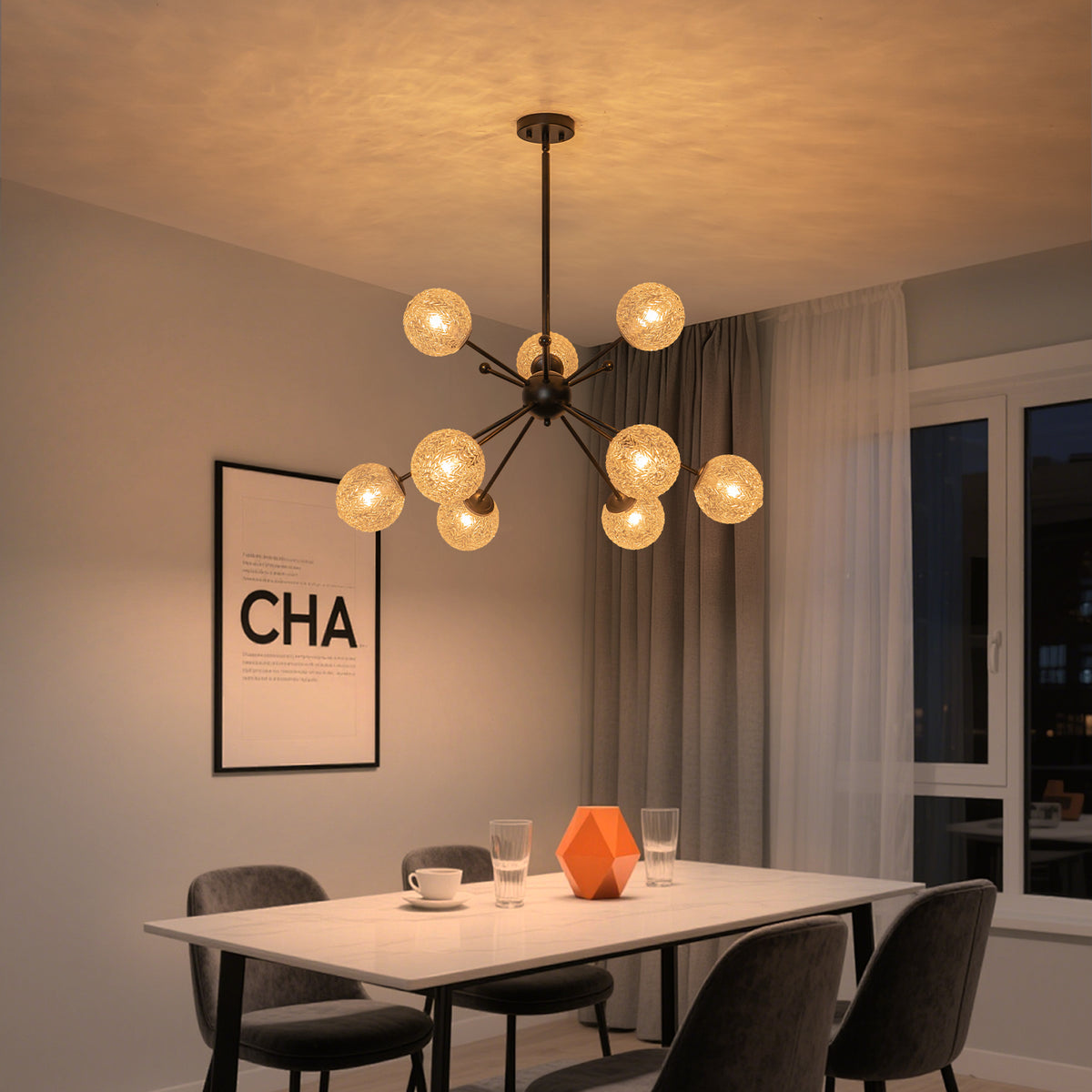 31.5" 9-Light Modern Black Sputnik Pendant Light Pineapple Glass Globe - product image 3 | Zenvolit