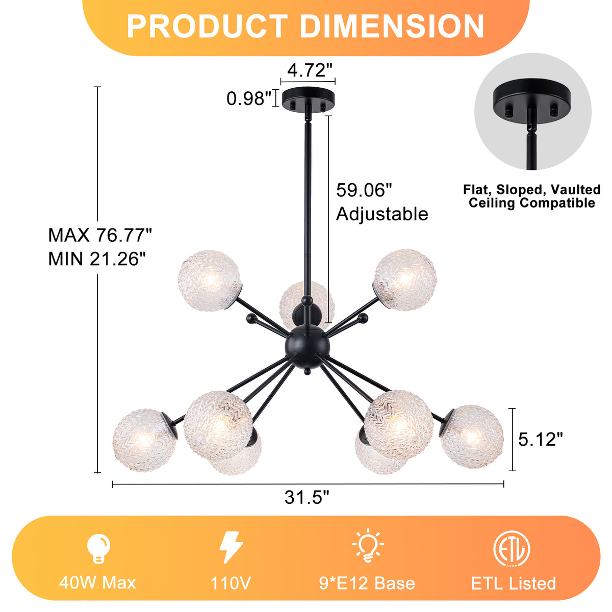 31.5" 9-Light Modern Black Sputnik Pendant Light Pineapple Glass Globe - product image 7 | Zenvolit