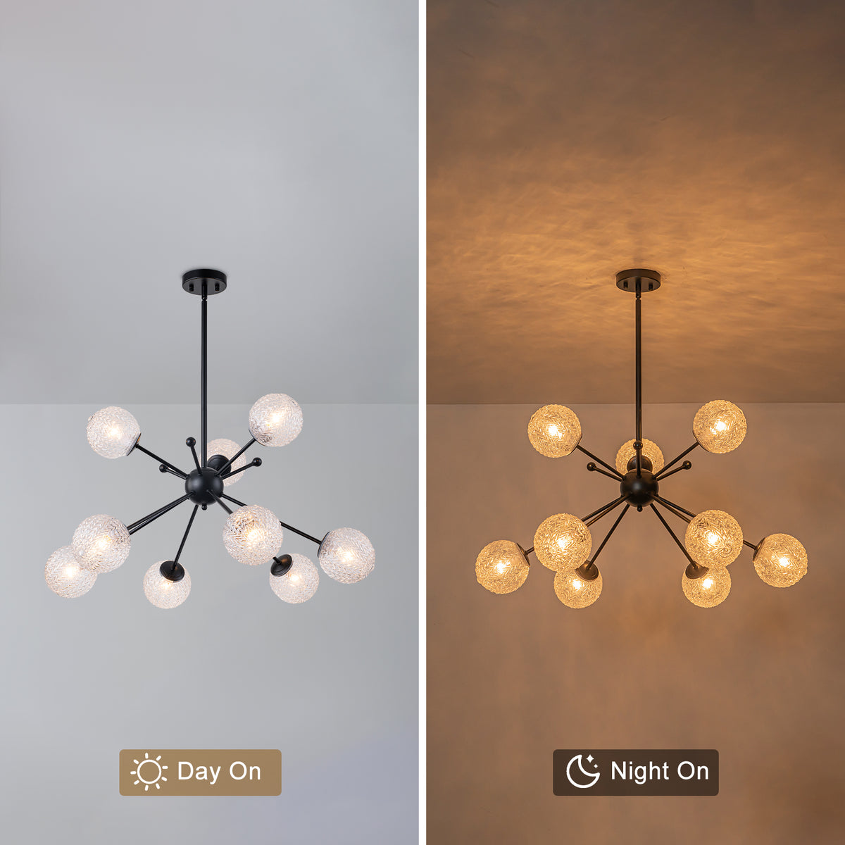 31.5" 9-Light Modern Black Sputnik Pendant Light Pineapple Glass Globe - product image 8 | Zenvolit