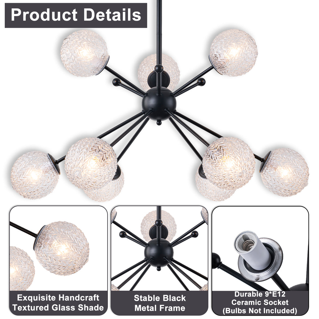 31.5" 9-Light Modern Black Sputnik Pendant Light Pineapple Glass Globe - product image 13 | Zenvolit