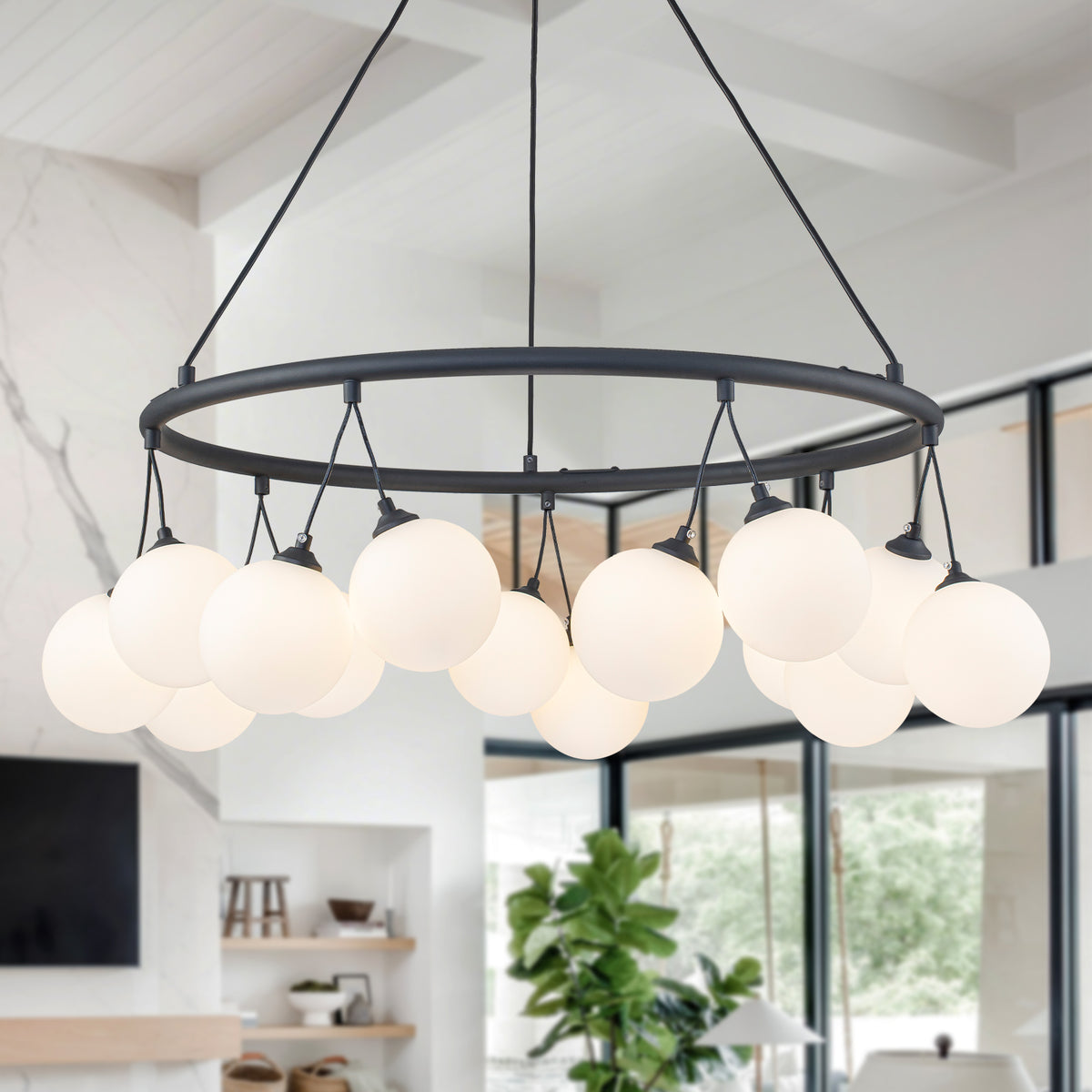 14-Light Black Ring Cluster Chandelier Frosted Milky White Glass Globe - product image 1 | Zenvolit