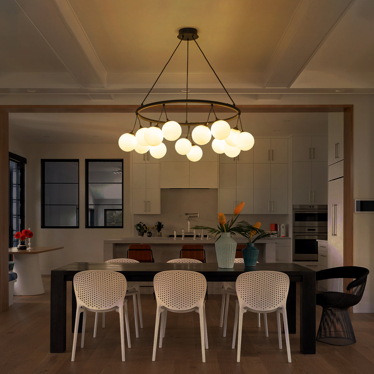 14-Light Black Ring Cluster Chandelier Frosted Milky White Glass Globe - product image 3 | Zenvolit