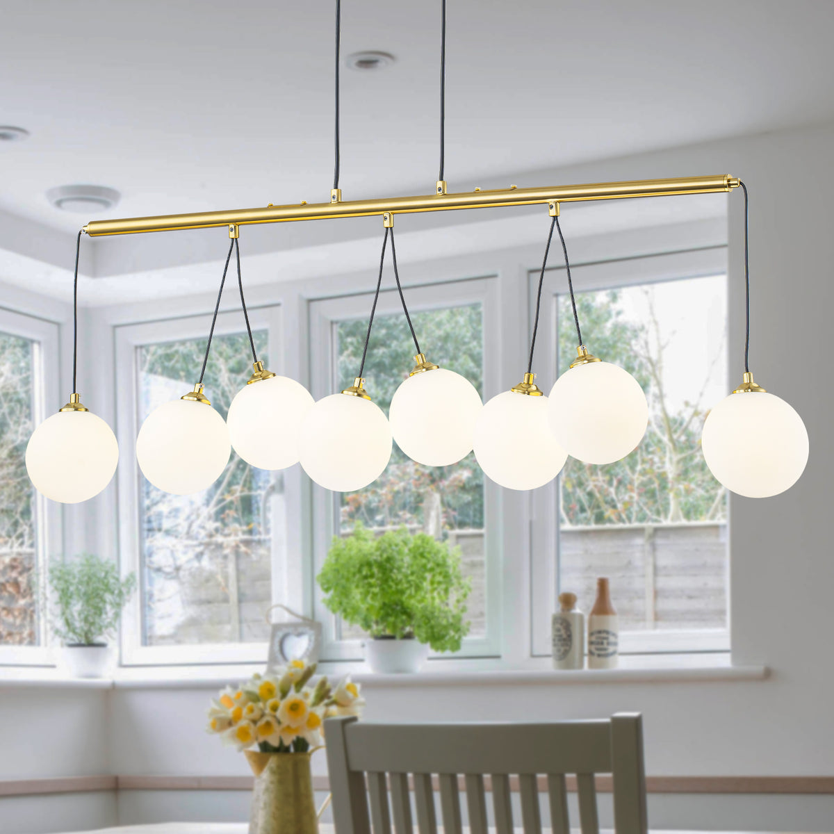 8-Light Gold Linear Kitchen Island Pendant Light Frosted Glass Globes - product image 1 | Zenvolit