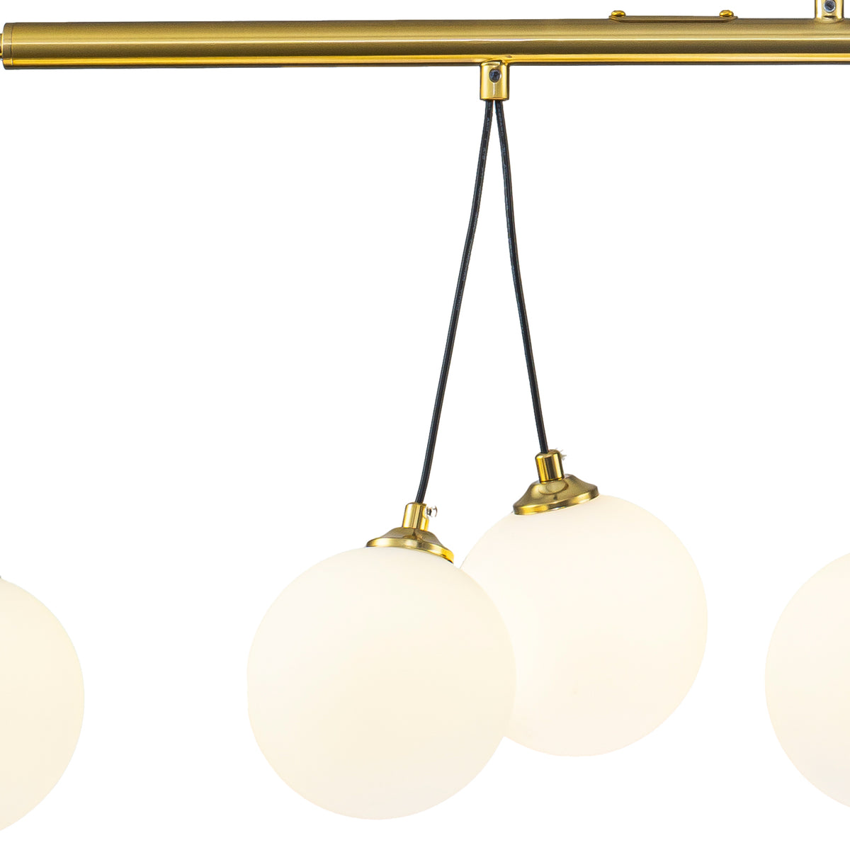 8-Light Gold Linear Kitchen Island Pendant Light Frosted Glass Globes