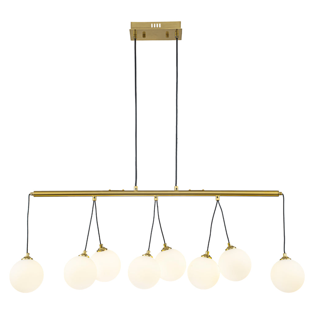 8-Light Gold Linear Kitchen Island Pendant Light Frosted Glass Globes