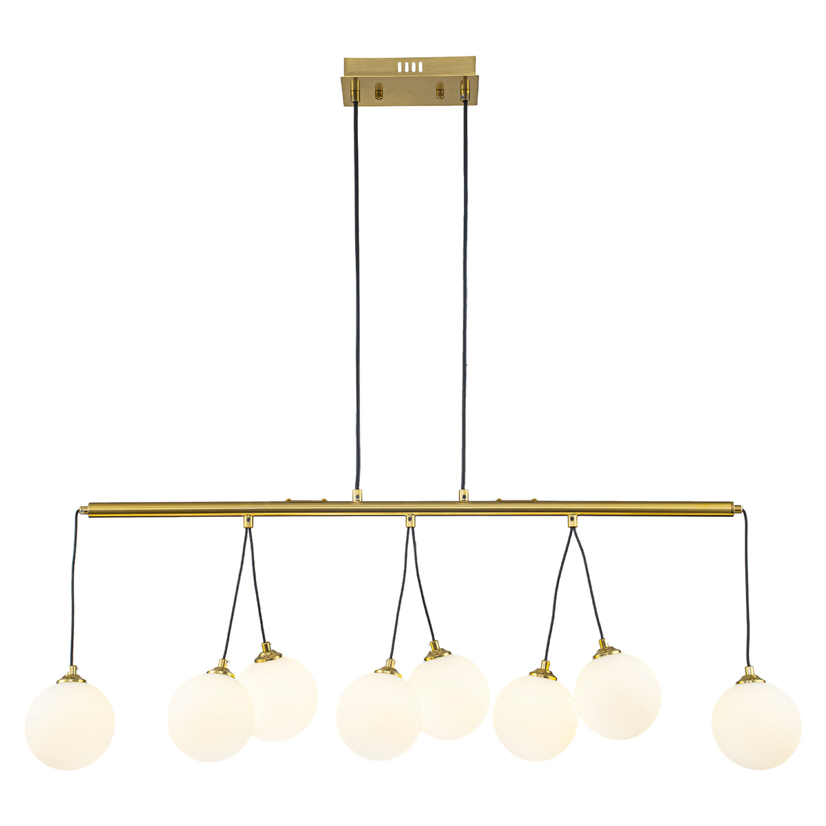 8-Light Gold Linear Kitchen Island Pendant Light Frosted Glass Globes