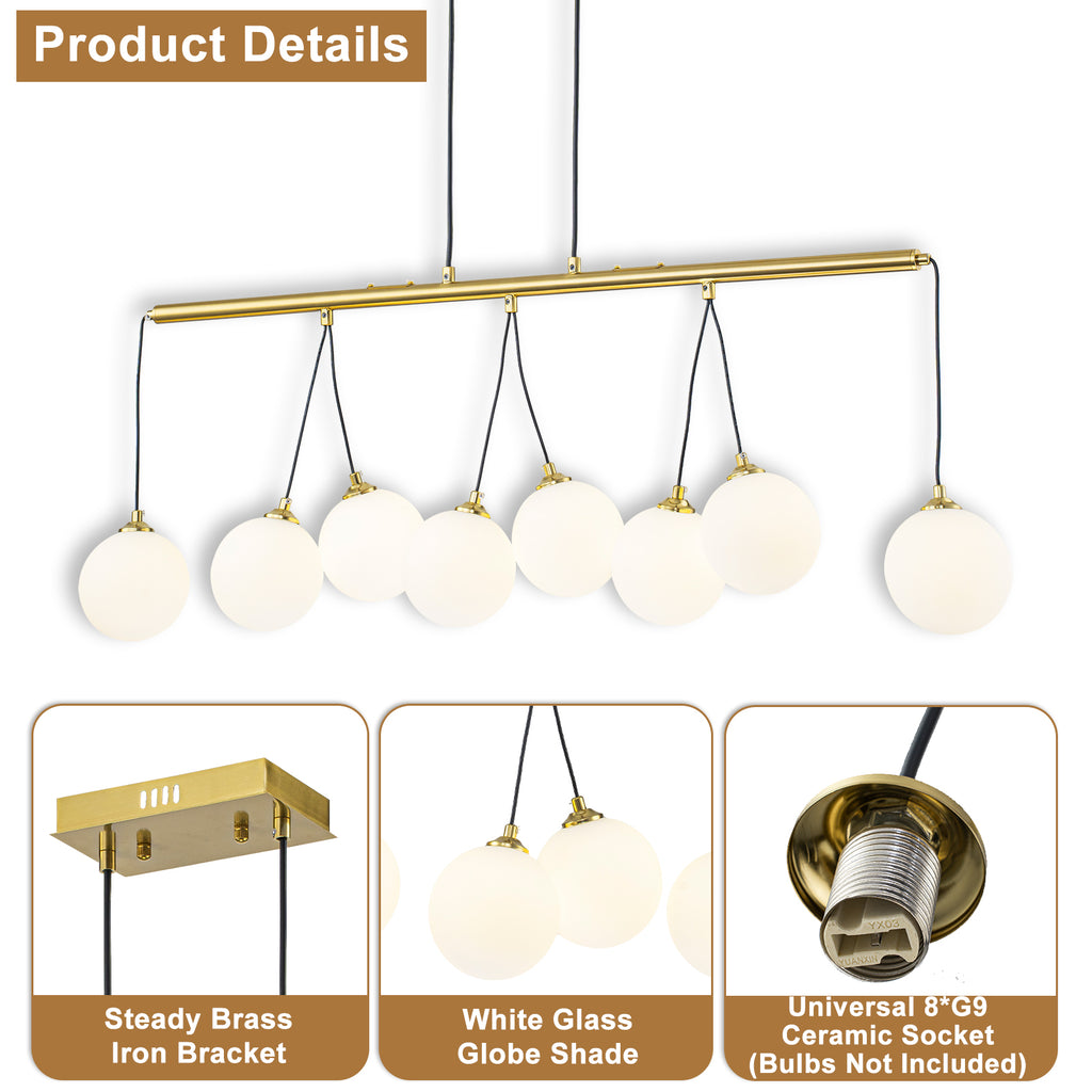 8-Light Gold Linear Kitchen Island Pendant Light Frosted Glass Globes
