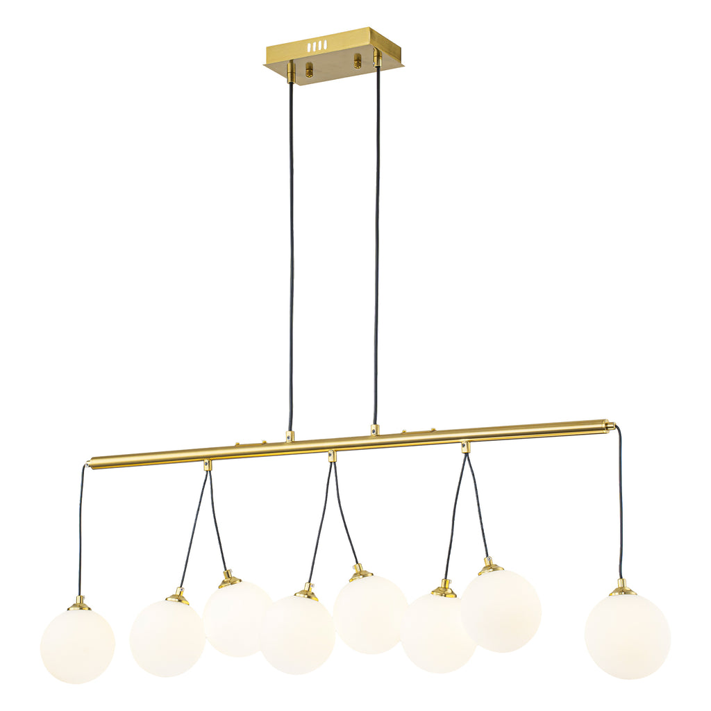 8-Light Gold Linear Kitchen Island Pendant Light Frosted Glass Globes