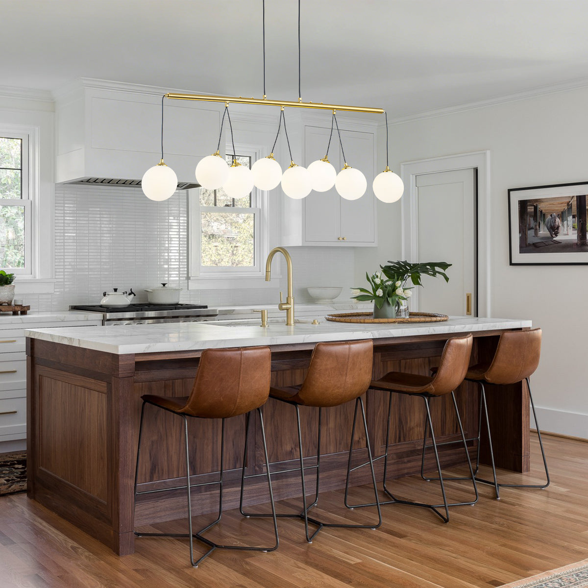 8-Light Gold Linear Kitchen Island Pendant Light Frosted Glass Globes