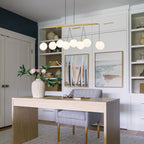 8-Light Gold Linear Kitchen Island Pendant Light Frosted Glass Globes