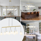 8-Light Gold Linear Kitchen Island Pendant Light Frosted Glass Globes