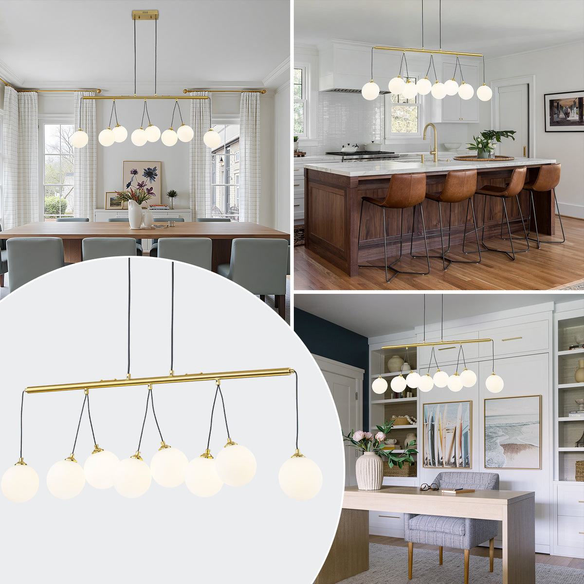 8-Light Gold Linear Kitchen Island Pendant Light Frosted Glass Globes
