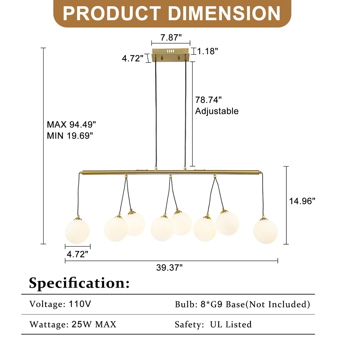 8-Light Gold Linear Kitchen Island Pendant Light Frosted Glass Globes
