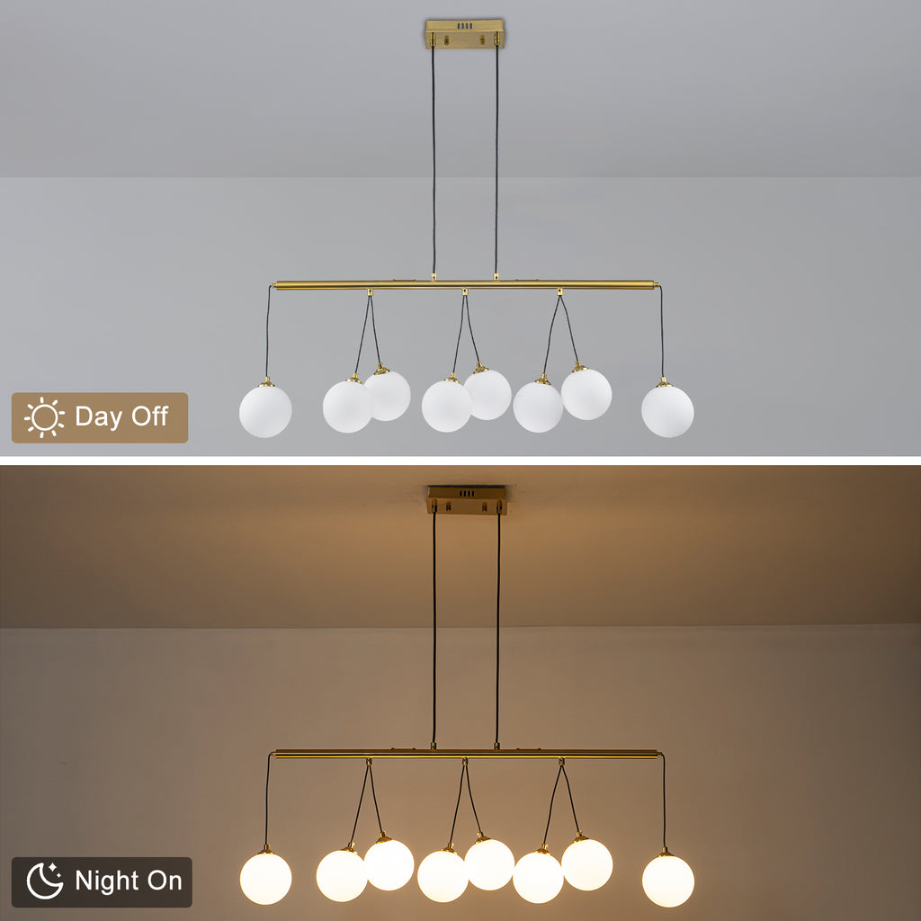 8-Light Gold Linear Kitchen Island Pendant Light Frosted Glass Globes
