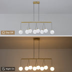 8-Light Gold Linear Kitchen Island Pendant Light Frosted Glass Globes