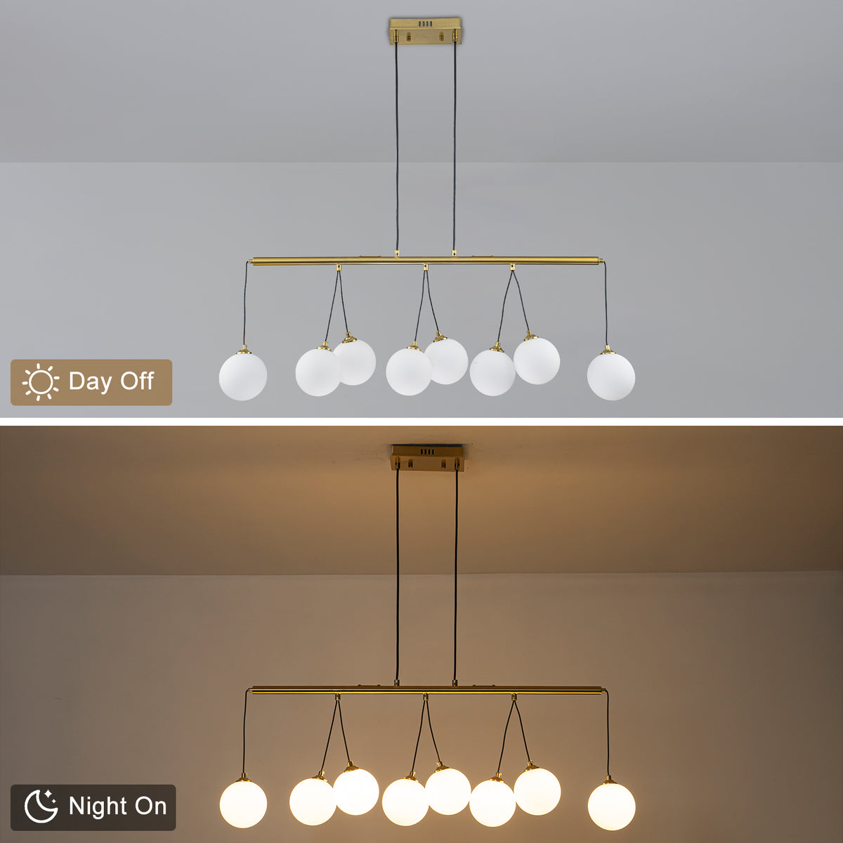 8-Light Gold Linear Kitchen Island Pendant Light Frosted Glass Globes
