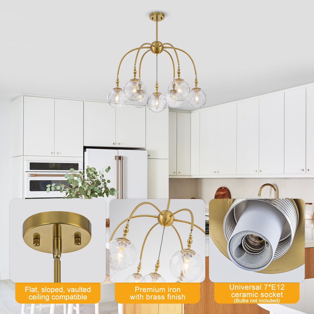 7 Light Brushed Gold Cluster Chandelier Faceted Glass Globe Shades - product image 10 | Zenvolit
