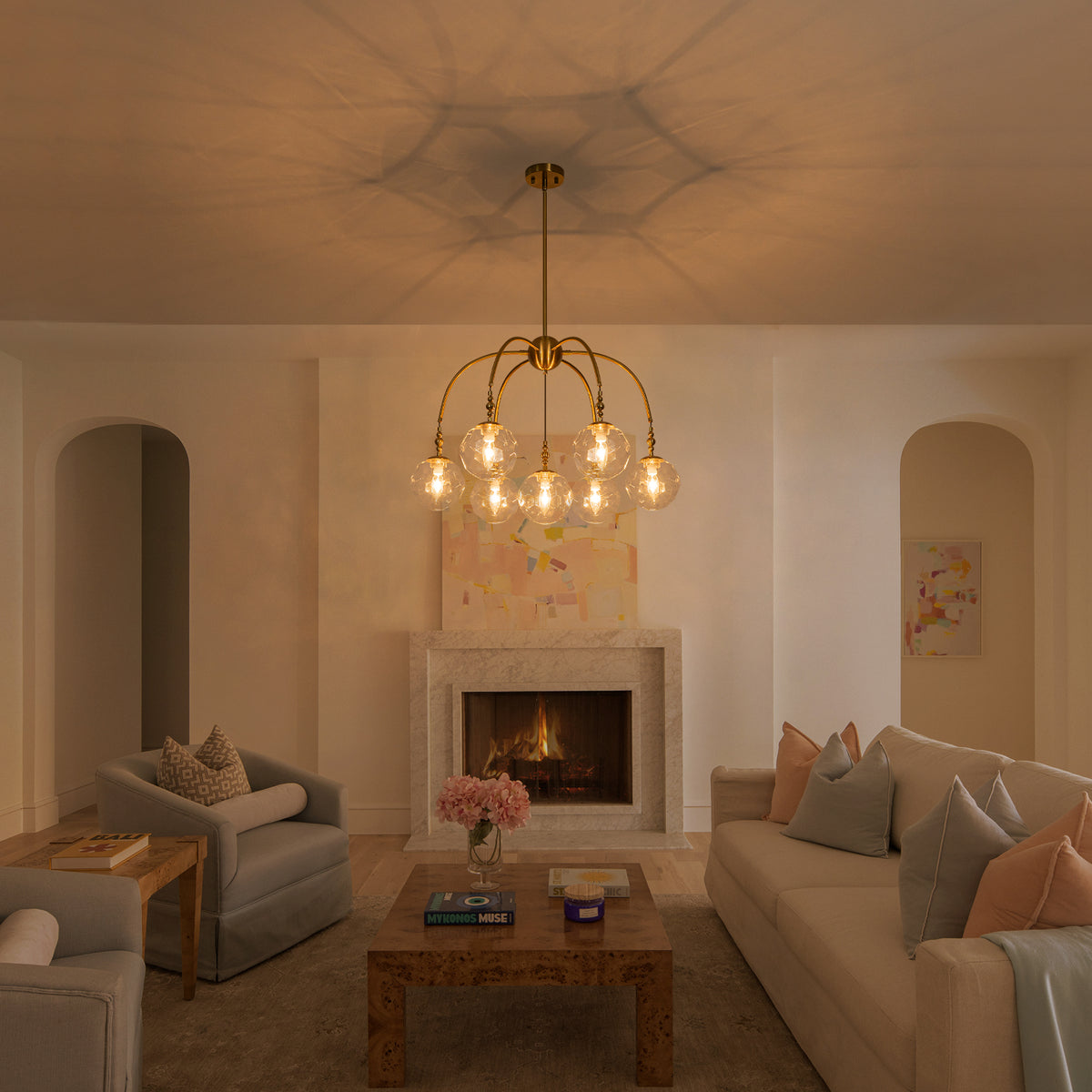 7 Light Brushed Gold Cluster Chandelier Faceted Glass Globe Shades - product image 11 | Zenvolit