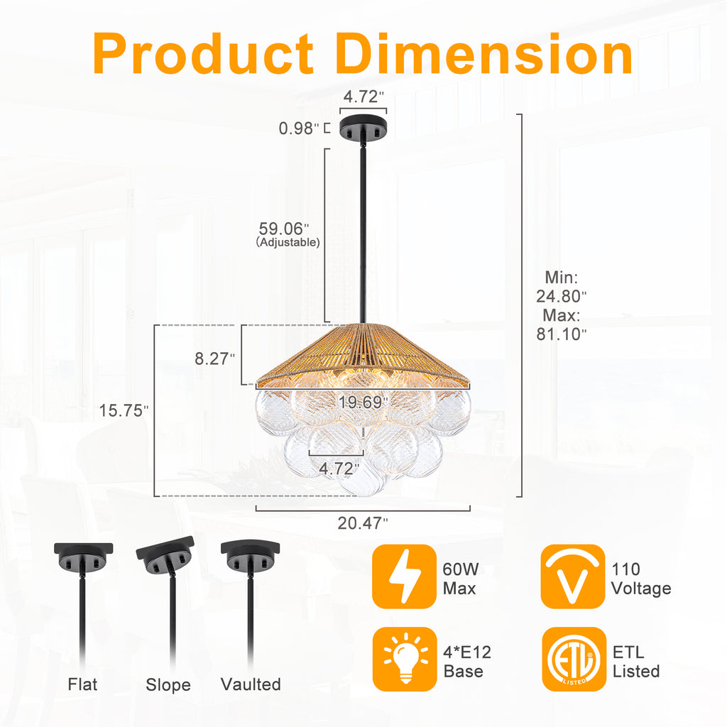 20.5" 4-Light Farmhouse Rope Chandelier Cone Shades Clear Glass Balls - product image 7 | Zenvolit