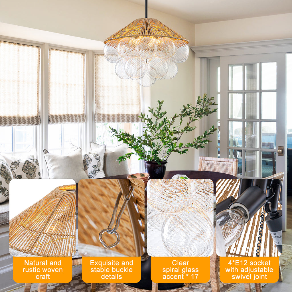 20.5" 4-Light Farmhouse Rope Chandelier Cone Shades Clear Glass Balls - product image 9 | Zenvolit