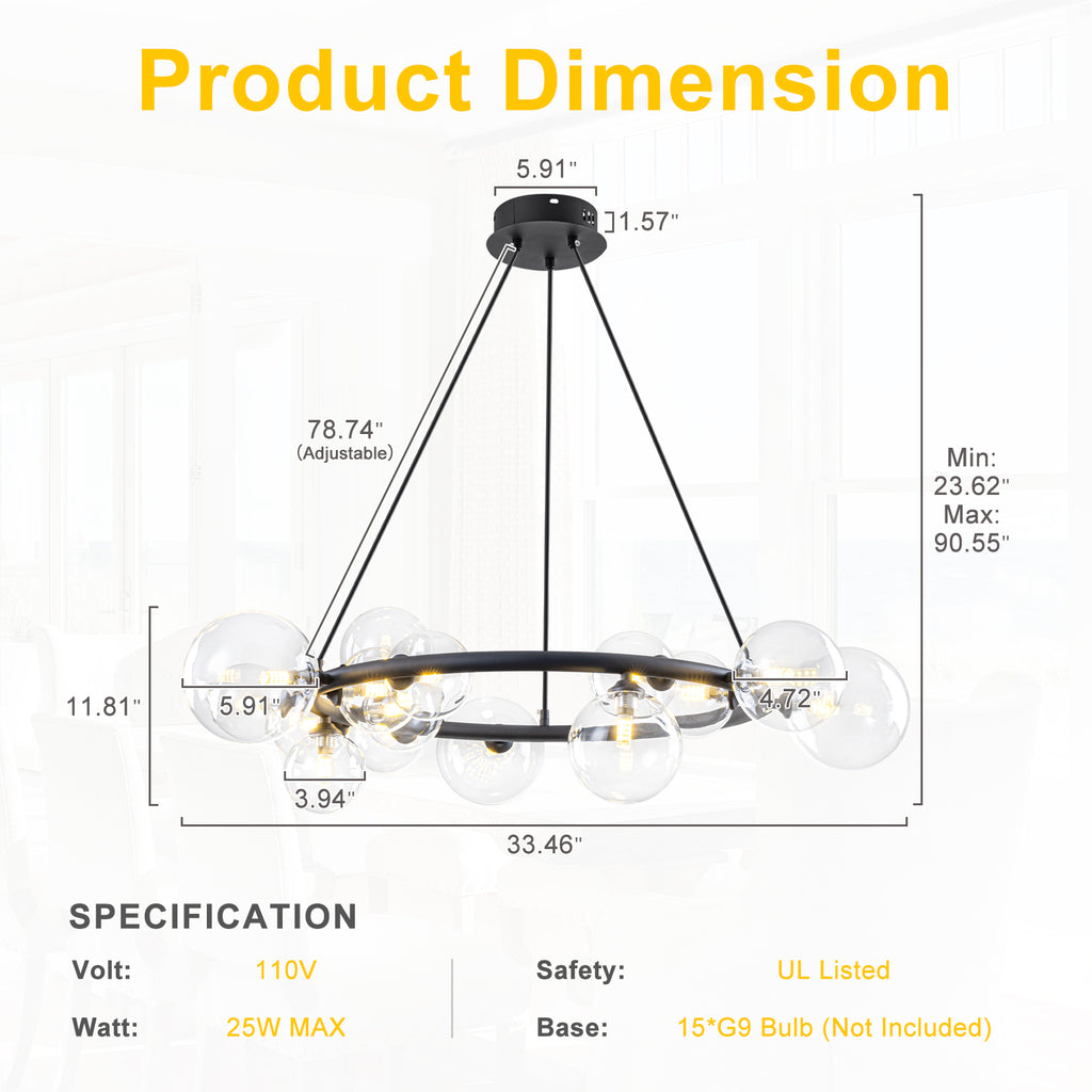 15-Light Black Ring Chandelier Industrial Modern Clear Glass Globe - product image 11 | Zenvolit