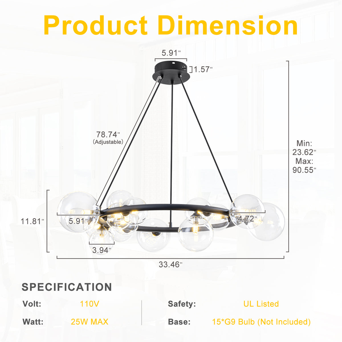 15-Light Black Ring Chandelier Industrial Modern Clear Glass Globe - product image 11 | Zenvolit