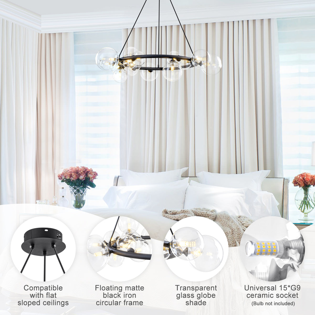 15-Light Black Ring Chandelier Industrial Modern Clear Glass Globe - product image 13 | Zenvolit