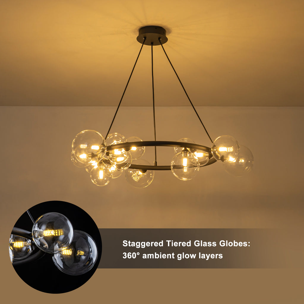 15-Light Black Ring Chandelier Industrial Modern Clear Glass Globe - product image 14 | Zenvolit