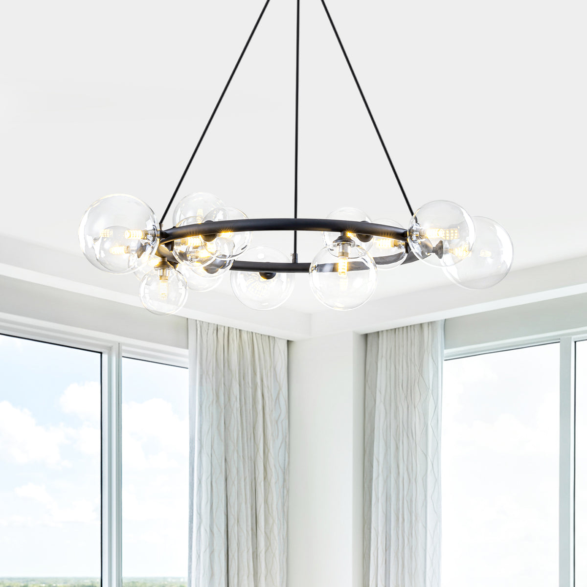 15-Light Black Ring Chandelier Industrial Modern Clear Glass Globe - product image 15 | Zenvolit