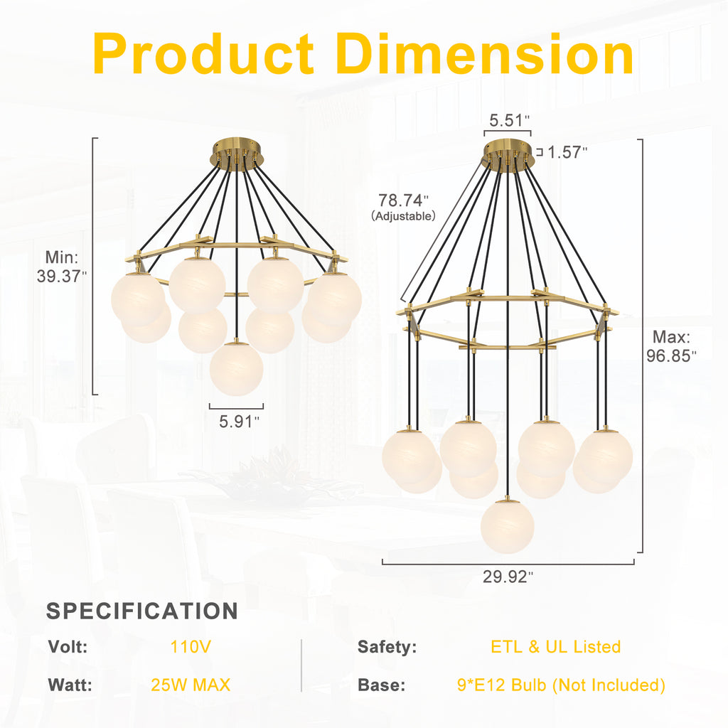 9-Light Modern Geometric Chandelier Marble Opal Glass Globes - product image 12 | Zenvolit