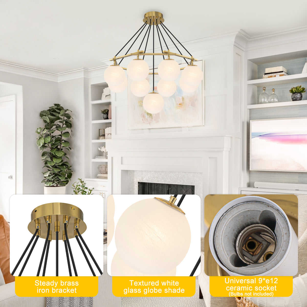 9-Light Modern Geometric Chandelier Marble Opal Glass Globes - product image 14 | Zenvolit