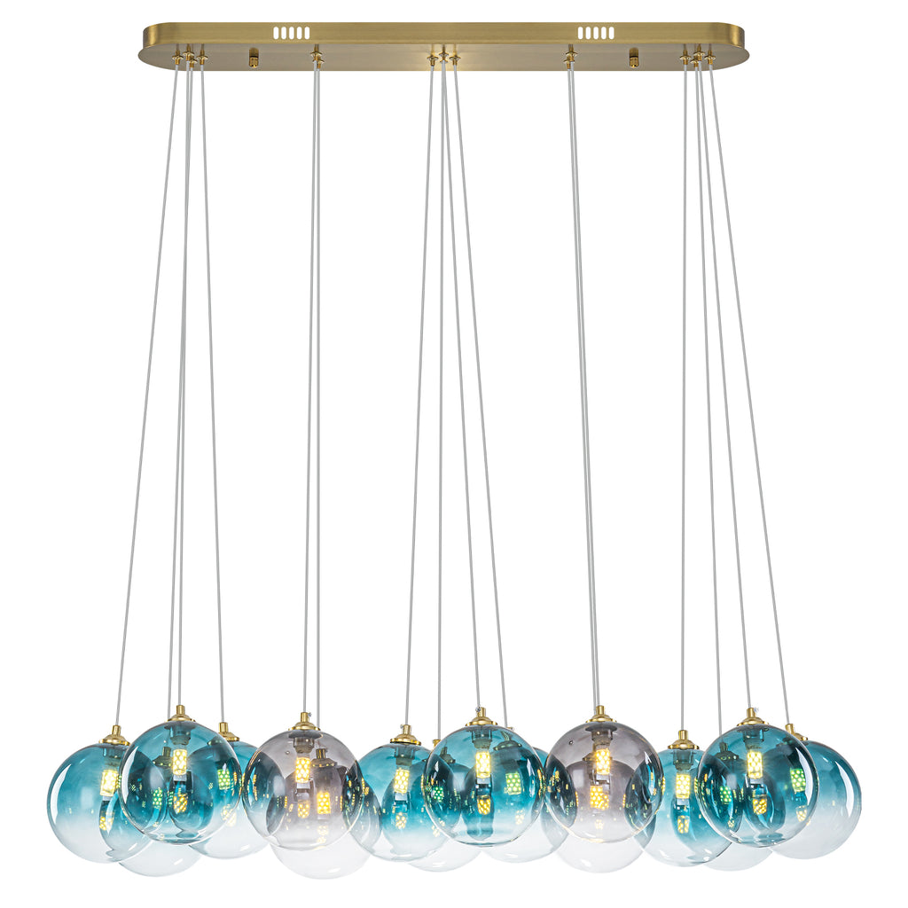 16-Light Gold Linear Pendant Light Teal & Gray Ombre Glass Globes - product image 2 | Zenvolit